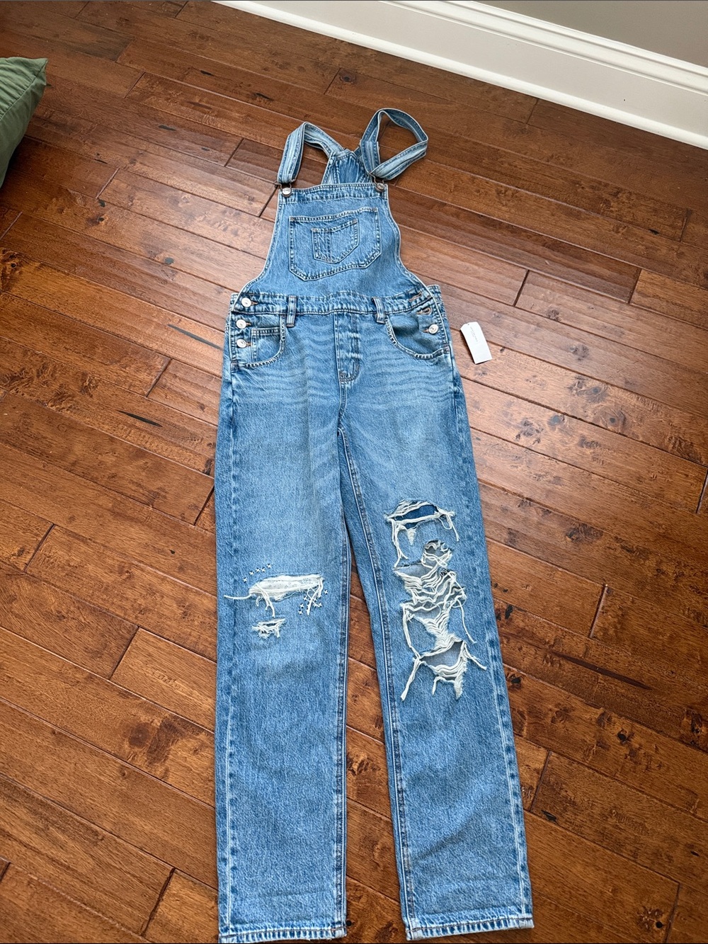American Eagle Outfitters Light Blue Ripped Denim Overalls
